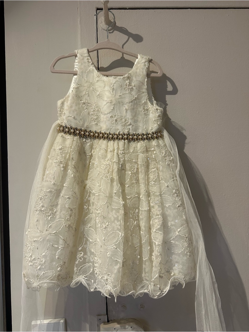 Girls Ivory Lace Party Dress with Beaded Waist